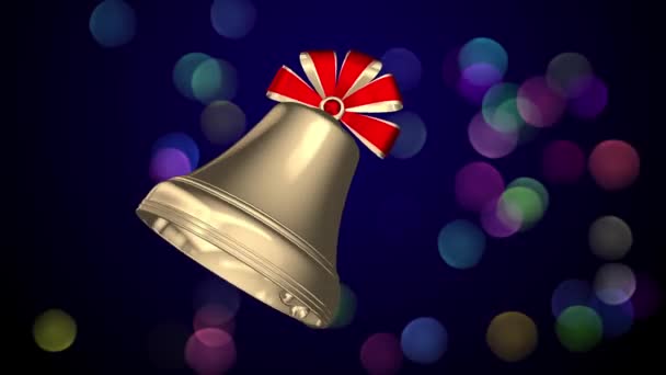 Campana Navidad Dorada Con Cintas Rojas Fondo Bokeh Colorido — Vídeos de Stock