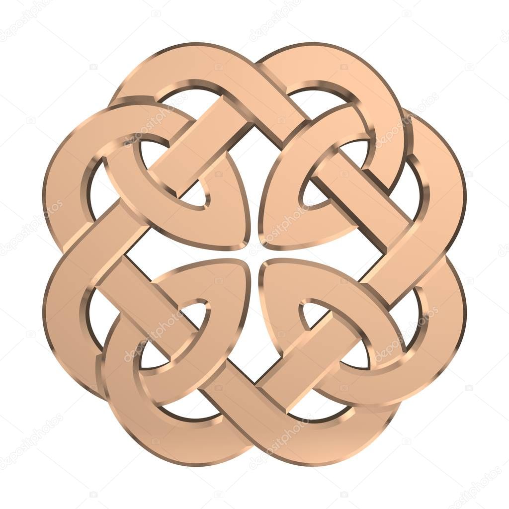 Golden Celtic Knot isolated on white background. Religion symbol. Irish knot. 3D rendering