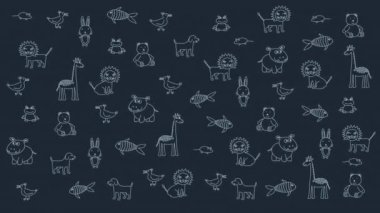 Animasyonlu doodle hayvanlar, çocuk karanlık arka plan. Başlıklar ve diğer içerikler için alt katman. Tasarım öğesi