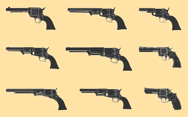 Revolver Schusswaffen Sammlung Set. Pistole mit neun Schützen — Stockvektor