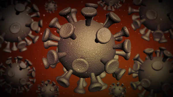 Molecola di coronavirus su fondo marrone scuro. Coronavirus influenza pericolosa. Illustrazione 3D — Foto Stock