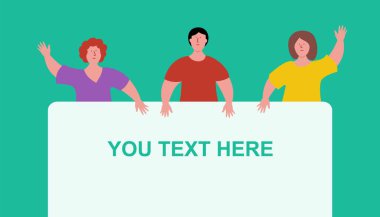 İnsanlar boş kağıt posteri tutuyor. Düz sanat tarzı vektör çizimi. Kendi metin şablonunuzu koyun.