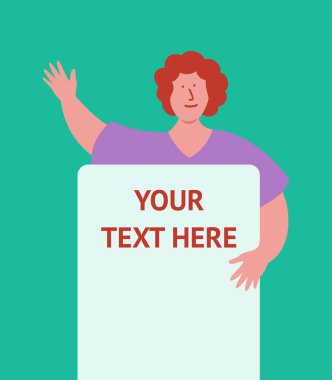 Kadının elinde boş bir poster var. Düz sanat tarzı vektör çizimi. Kendi metin şablonunuzu koyun.