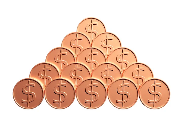 Pyramid av guldmynt med dollartecken på isolerad vit bakgrund. Jackpot eller framgångskoncept. 3D-rendering — Stockfoto