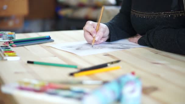 艺术家画猫头鹰的桌子 — 图库视频影像