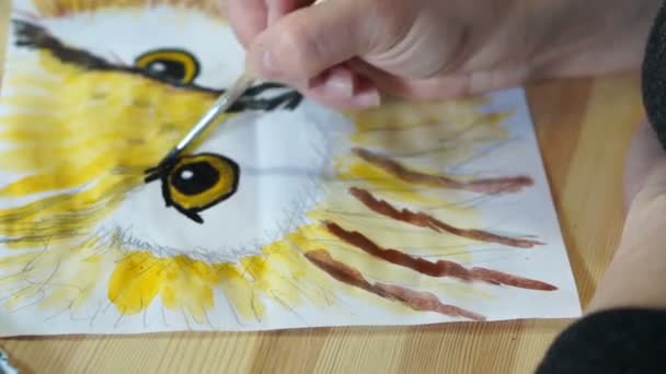 Vogelfarbe malt das Gesicht der Eule — Stockvideo