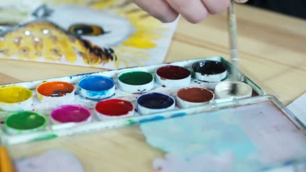 Der Künstler taucht einen Pinsel in Aquarell — Stockvideo