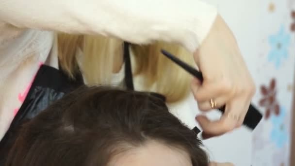 Stylist chooses a strand of hair from the model — Stock Video