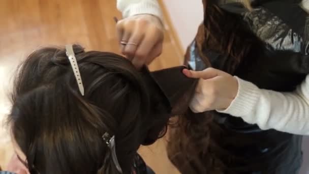 Стилист расчесывает волосы на голове модели — стоковое видео