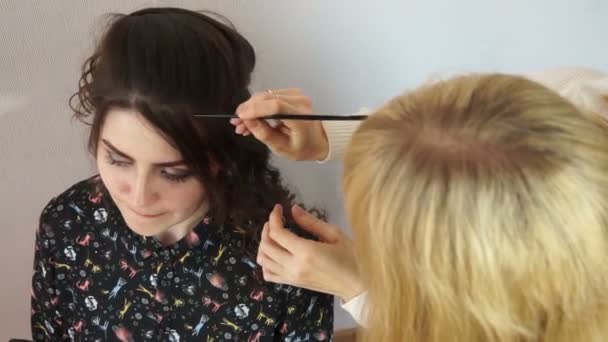 Расческа стилиста распространяет пряди волос — стоковое видео