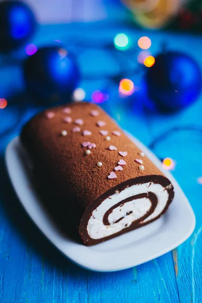Шоколадный Рулон Рождественское Бревно Сливками — стоковое фото