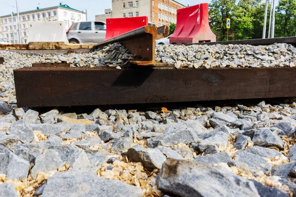 Laying New Steel Rails Wooden Sleepers Prepared Mound Large Crushed — Stock Photo, Image