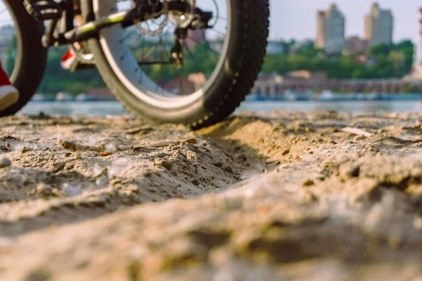 a young guy on a bicycle with big wheels is riding on the river bank in the sand against the backdrop of a big city on a clear hot summer day