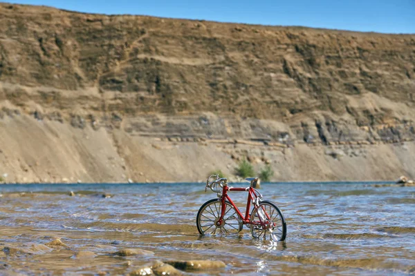 Bicicleta Juguete Metal Rojo Lago Con Agua Clara Día Claro — Foto de Stock