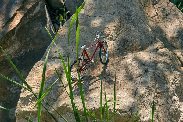 Czerwony Zabawka Metalowa Rower Nad Jeziorem Czystą Wodą Jasny Słoneczny — Zdjęcie stockowe