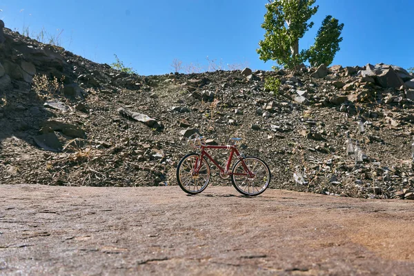 Bicicleta Juguete Metal Rojo Lago Con Agua Clara Día Claro — Foto de Stock