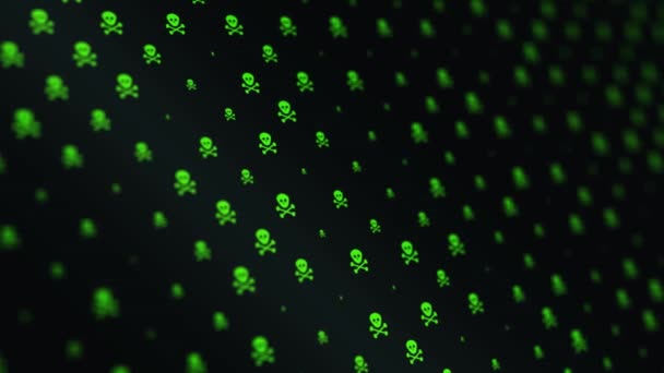 Green skulls and bones on black background are changing size with motion — Stock Video