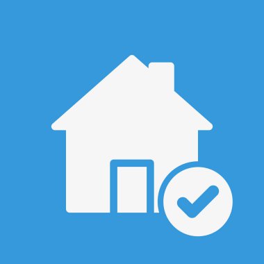 House simge, onay işareti simgesiyle binalar. Ev simgesini ve onaylı, onaylamak, kene, tamamlanan sembolü