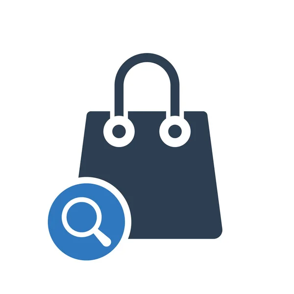 Einkaufstaschen-Ikone, Business-Ikone mit Forschungsschild. Einkaufstüten-Symbol und erkunden, finden, prüfen Symbol — Stockvektor