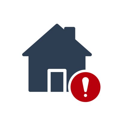 Ev simgesini, ünlem işareti simgesiyle binalar. Ev simgesini ve uyarı, hata, alarm, tehlike sembolü