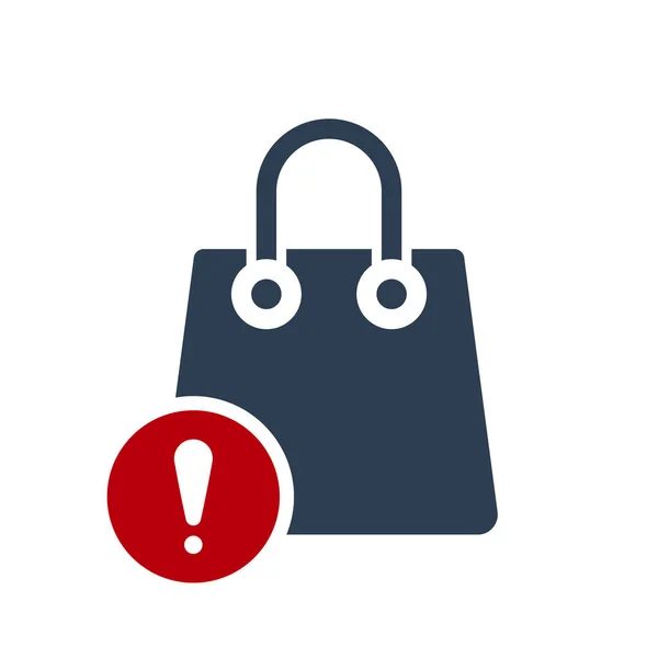 Icona shopping bag, icona business con punto esclamativo. Shopping bag icona e avviso, errore, allarme, simbolo di pericolo — Vettoriale Stock