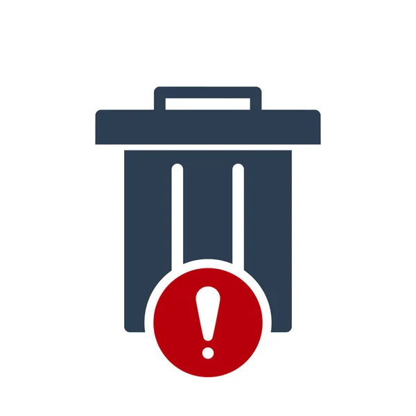 Icono de basura, icono de herramientas y utensilios con signo de exclamación. Icono de basura y alerta, error, alarma, símbolo de peligro — Vector de stock