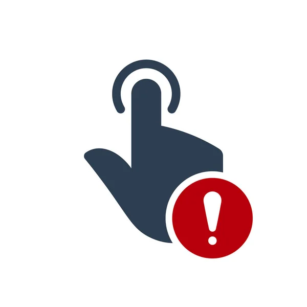 Icono de mano, icono de gestos con signo de exclamación. Icono de mano y alerta, error, alarma, símbolo de peligro — Vector de stock