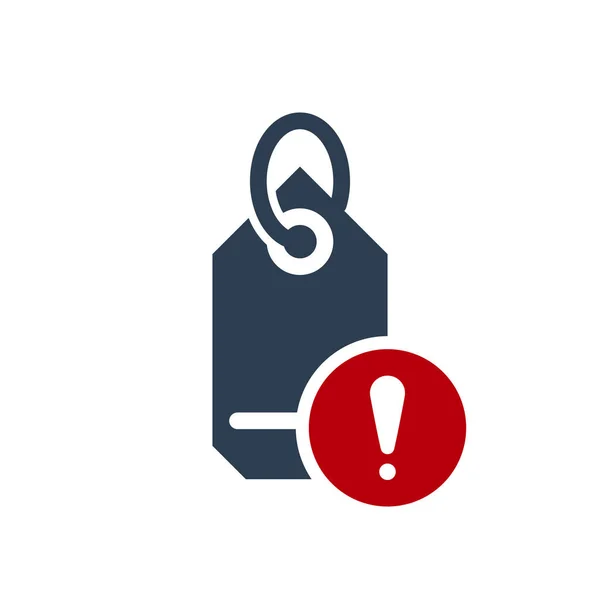 Icona tag, icona business con punto esclamativo. Tag icona e avviso, errore, allarme, simbolo di pericolo — Vettoriale Stock