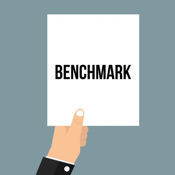 Muž zobrazující papíru Benchmark text — Stockový vektor