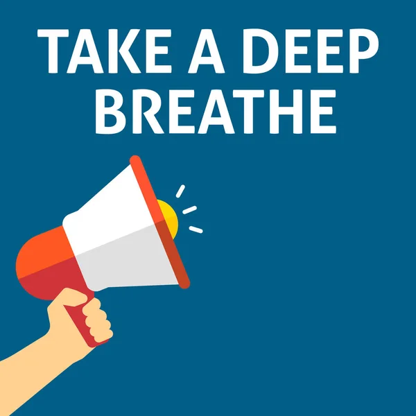 Façam um anúncio profundo do BREATHE. Mão segurando Megafone com bolha de fala — Vetor de Stock