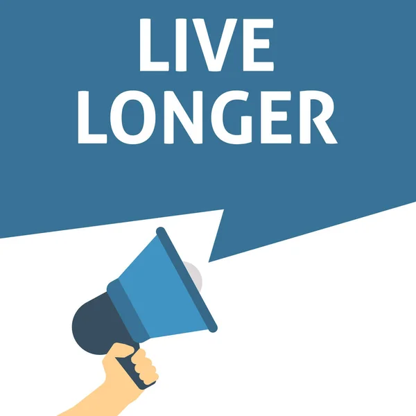 Anúncio de LIVE LONGER. Mão segurando Megafone com bolha de fala — Vetor de Stock