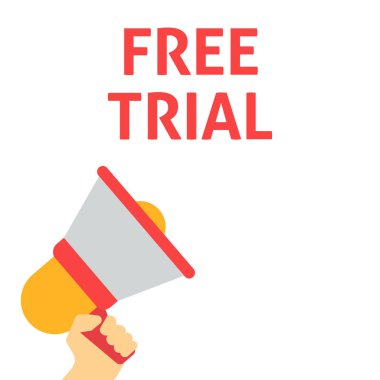 Ücretsiz deneme duyuru. Megafon ile konuşma balonu tutan el