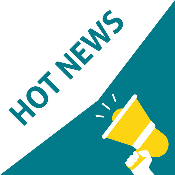 HOT NEWS Announcement. Рука держит мегафон с пузырьком речи
