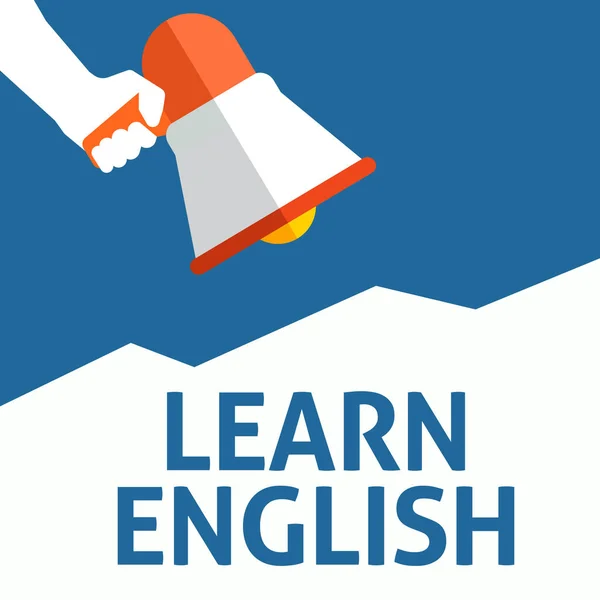 Mão segurando Megaphone com anúncio de INGLÊS LEARN — Vetor de Stock