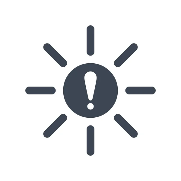 태양 아이콘, 밝기, 전기, 빛 개념 아이콘 느낌표와 함께. 태양 아이콘 및 경고, 오류, 경보, 위험 기호 — 스톡 벡터