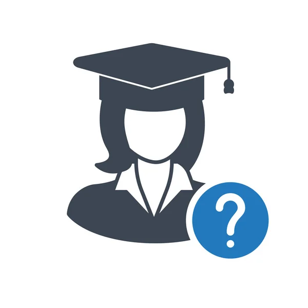 Icône étudiante, chapeau de graduation, icône de concept d'éducation avec point d'interrogation. Icône de l'élève et aide, comment, info, symbole de requête — Image vectorielle