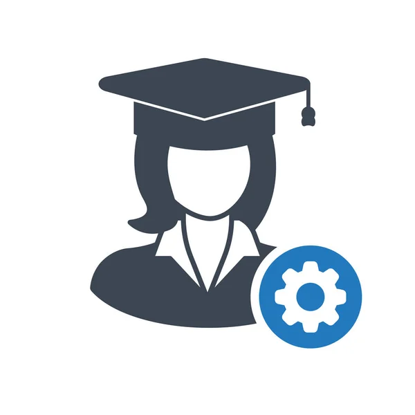 Icono Estudiante Femenino, gorra de graduación, icono de concepto educativo con signo de configuración. Icono del estudiante y personalizar, configuración, administrar, símbolo de proceso — Archivo Imágenes Vectoriales