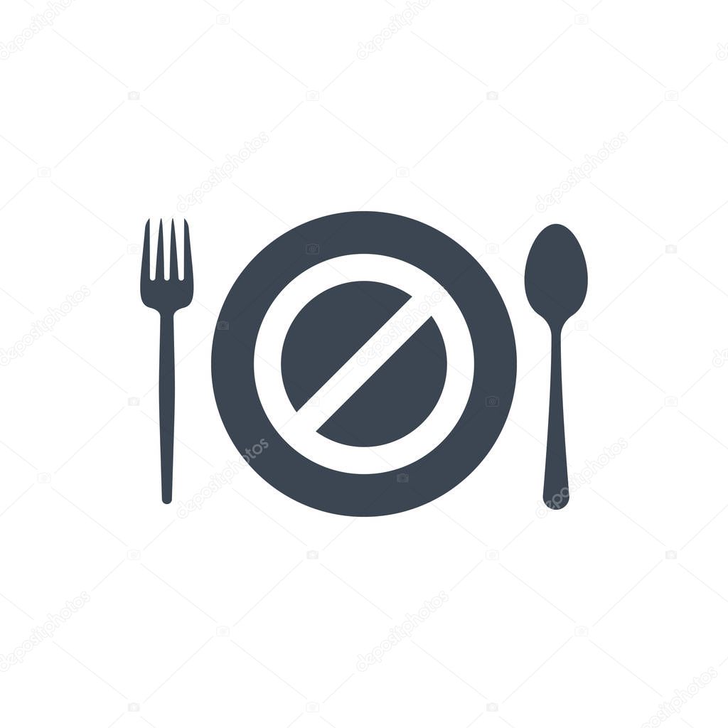 Restaurant icon, fork and spoon, plate icon with not allowed sign. Restaurant icon and block, forbidden, prohibit symbol