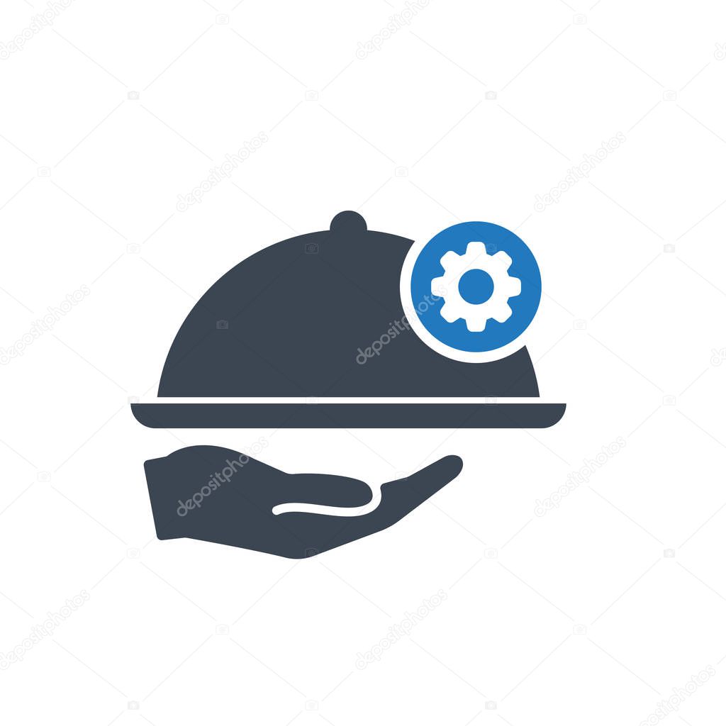 Restaurant icon, Tray on the hand concept icon with settings sign. Restaurant icon and customize, setup, manage, process symbol