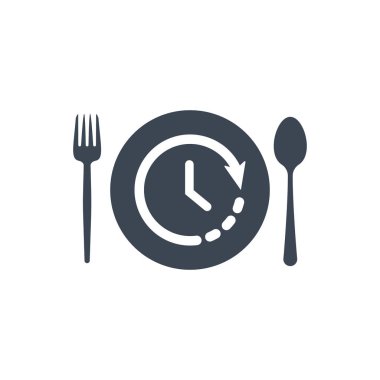 Restoran simgesi, çatal ve kaşık, plaka simgesi saat işareti ile. Restoran simge ve geri sayım, son tarih, zamanlamayı, sembol planlama