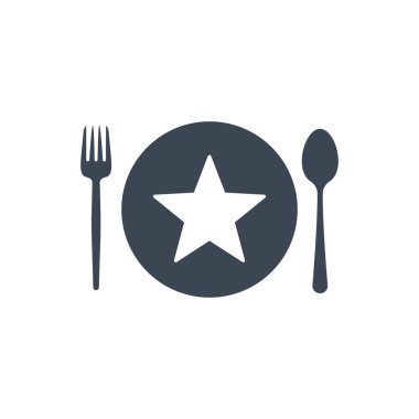 Restoran simgesi, çatal ve kaşık, yıldız işareti ile plaka simgesi. Restoran simgesi ve en iyi, en sevdiğim, derecelendirme sembolü