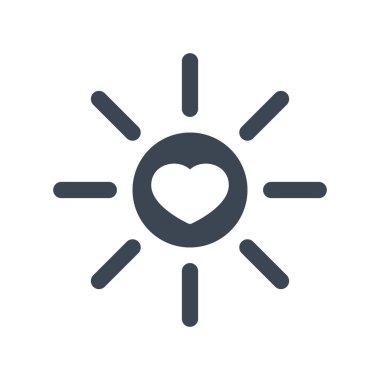 Güneş simgesi, parlaklık, elektrik, ışık kavramı simgesi kalp işareti ile. Güneş simgesi ve favori, aşk, bakım sembolü gibi