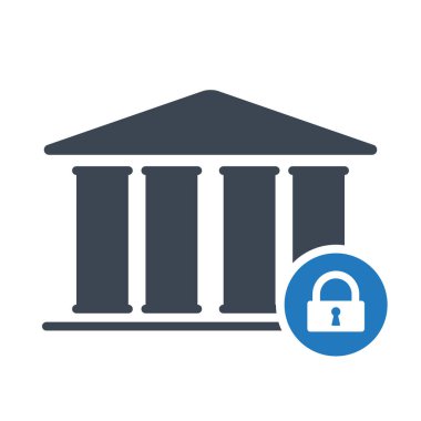 Banka simgesi, finans, yatırım, para, asma kilit işareti simgesiyle kavramı. Banka simgesi ve güvenlik, koruma, gizlilik simgesi. Vektör çizim