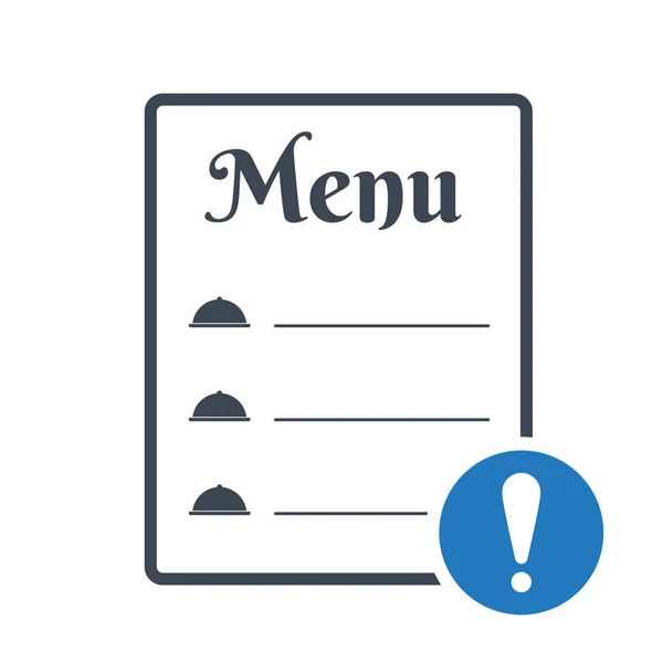 Ícone de menu de comida restaurante, ícone de conceito de menu de café com ponto de exclamação. ícone do menu de comida restaurante e alerta, erro, alarme, símbolo de perigo —  Vetores de Stock