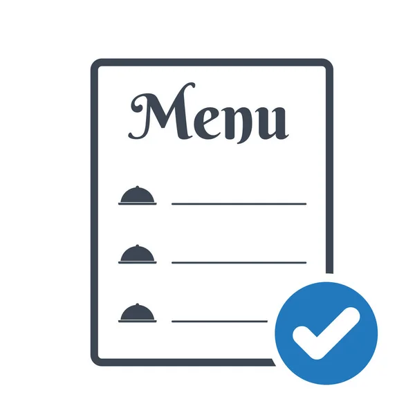 Icono de menú de comida del restaurante, icono de concepto de menú de cafetería con signo de verificación. Restaurante menú de comida icono y aprobado, confirmar, hecho, garrapata, símbolo completado — Archivo Imágenes Vectoriales