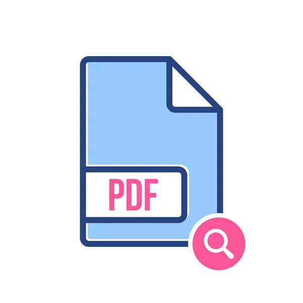PDF dokument ikona, rozšíření pdf souborů formátu znakem výzkumu. PDF dokument ikonu a prozkoumat, najít, zkontrolujte symbol — Stockový vektor