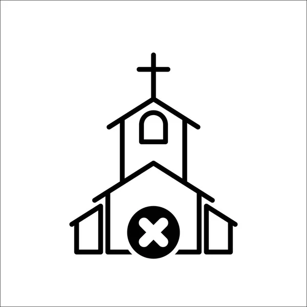 Icono de la iglesia, edificio de la religión, cristiano, icono del templo del cristianismo con signo de cancelación. Icono de la iglesia y cerrar, eliminar, quitar símbolo — Vector de stock