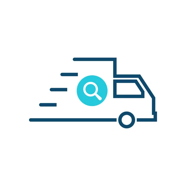 Fast shipping icon, delivery truck icon with research sign. Fast shipping icon and explore, find, inspect symbol — Stock Vector