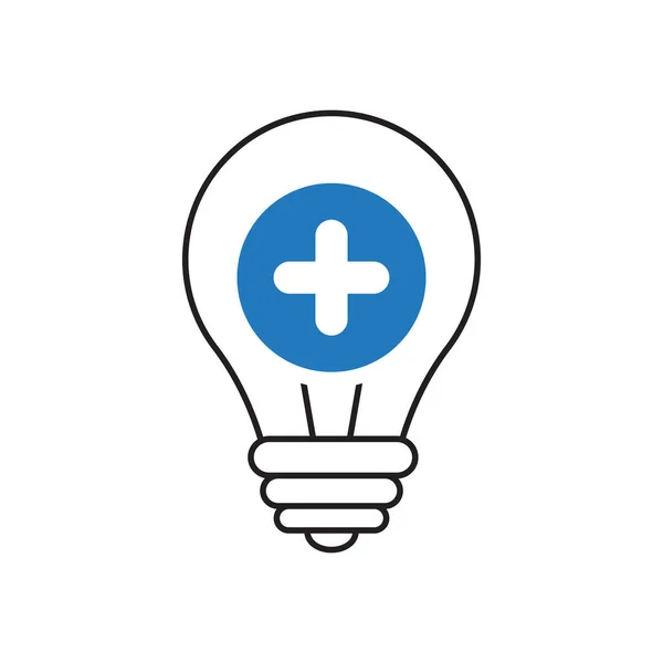 Glühbirnen-Symbol, Idee, Lösung, Denksymbol mit Hinzufügen-Zeichen. Glühbirnen-Symbol und neues, positives Symbol — Stockvektor