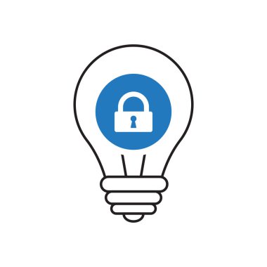 Ampul simgesi, fikir, çözüm, asma kilit işareti simgesiyle düşünme. Ampul simgesi ve güvenlik, koruma, gizlilik simgesi